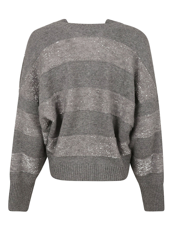 Brunello Cucinelli Long-sleeved Cardigan Sweater In Fine Wool, Cashmere And Silk With Striped Pattern - Women