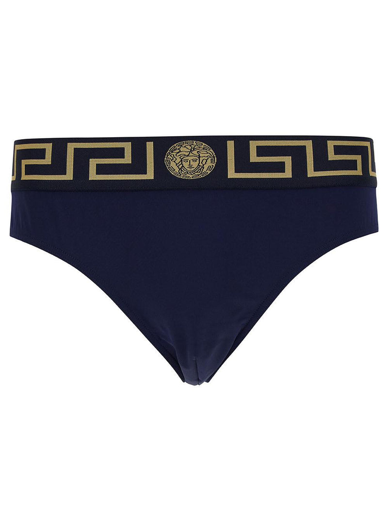 Versace Dark Blue Swim Briefs With Medusa Head And Greca Motif In Polyamide Stretch Man - Men - Piano Luigi