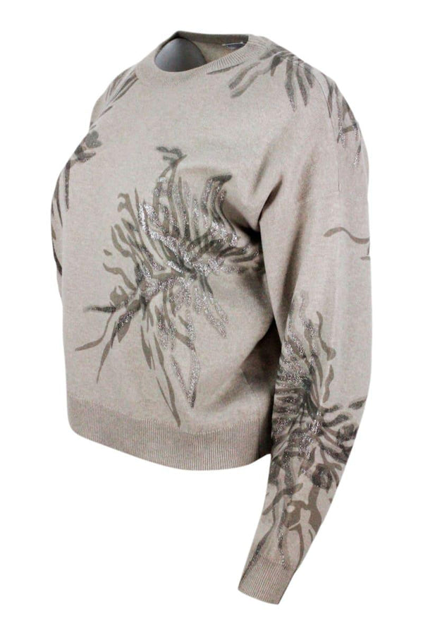 Brunello Cucinelli Long-sleeved Round-neck Wool, Silk And Cashmere Sweater With Flower Print Embellished With Lurex - Women - Piano Luigi