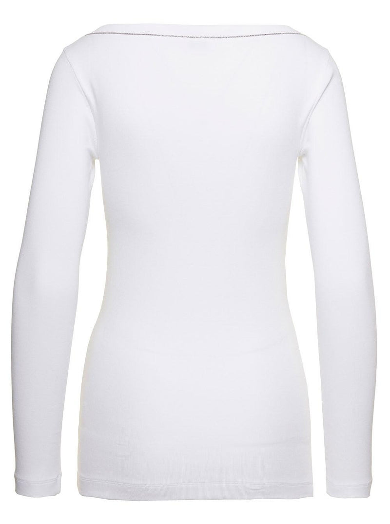 White V-neck Pullover With Beads Detailing In Stretch Cotton Woman Brunello Cucinelli - Women - Piano Luigi