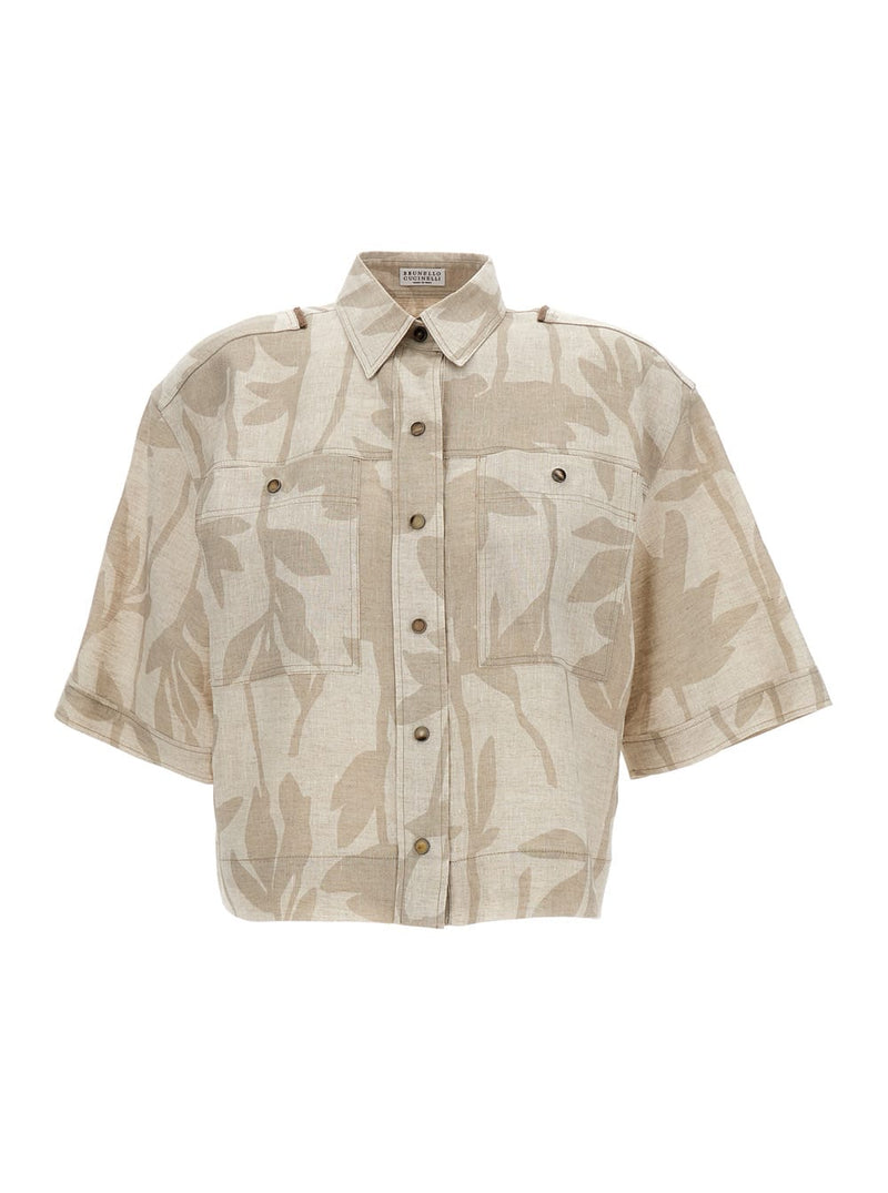 Brunello Cucinelli Beige Leaf Print Shirt In Linen Woman - Women