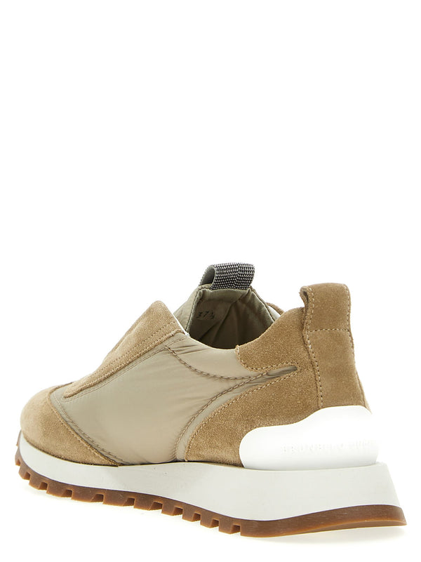 Brunello Cucinelli Runner Shoe In Suede And Taffeta Embellished With Threads Of Brilliant Monili - Women