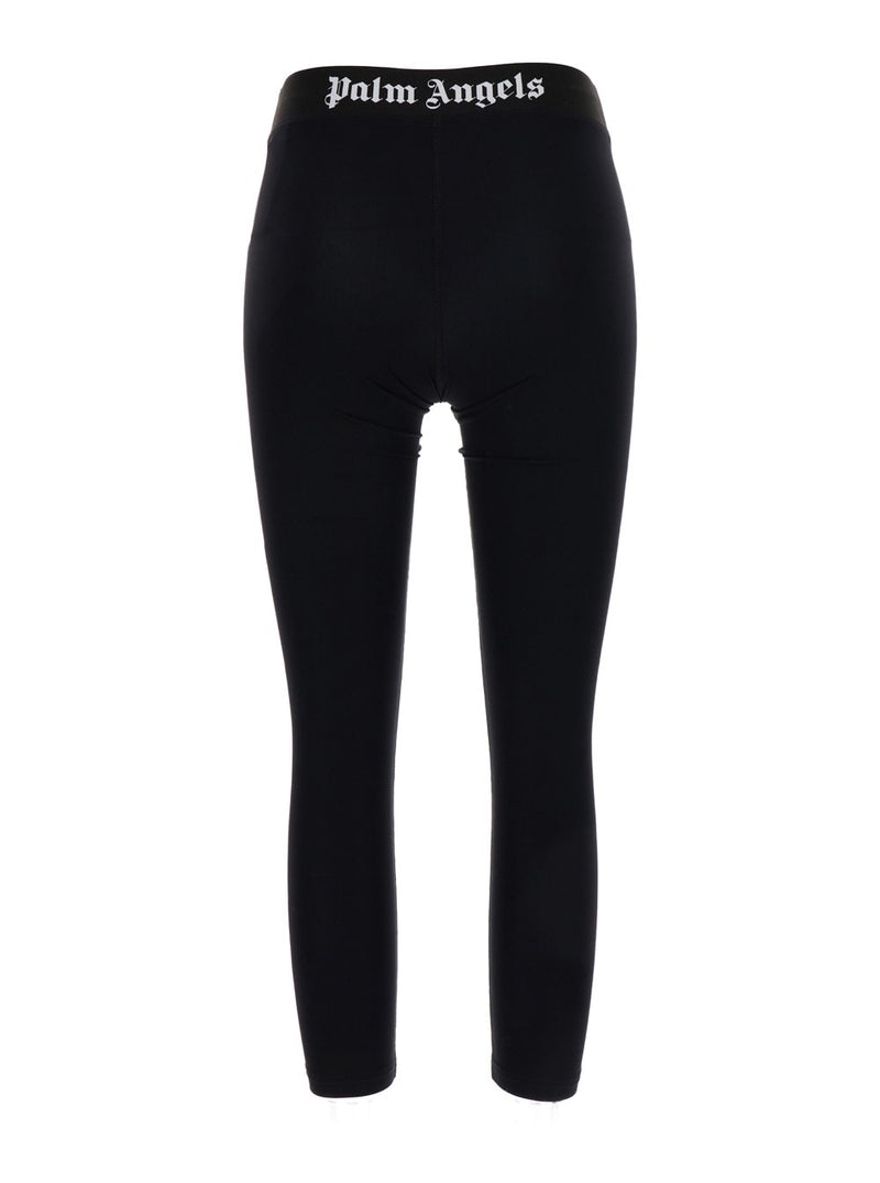 Palm Angels Black Cropped Leggings With Logo Waistband In Technical Fabric Woman - Women