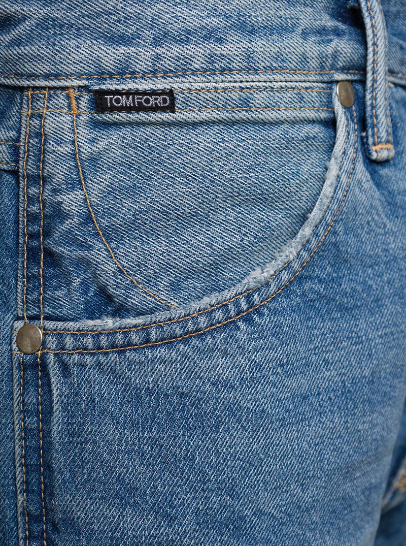 Tom Ford Light Blue 5-pocket Style Jeans With Rips And Logo Patch In Cotton Denim Man - Men - Piano Luigi