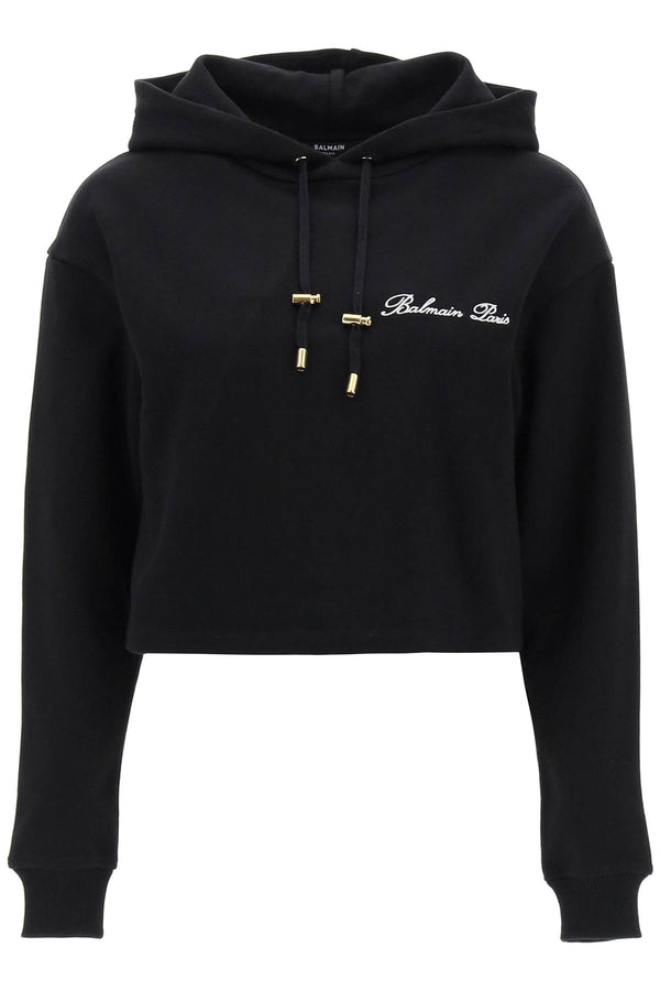 Balmain Cropped Hoodie With Logo Embroidery - Women