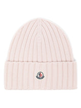 Moncler Light Pink Ribbed Wool Beanie With Logo - Women