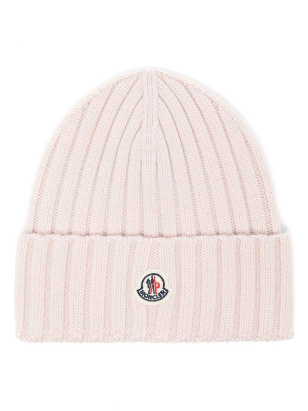 Moncler Light Pink Ribbed Wool Beanie With Logo - Women