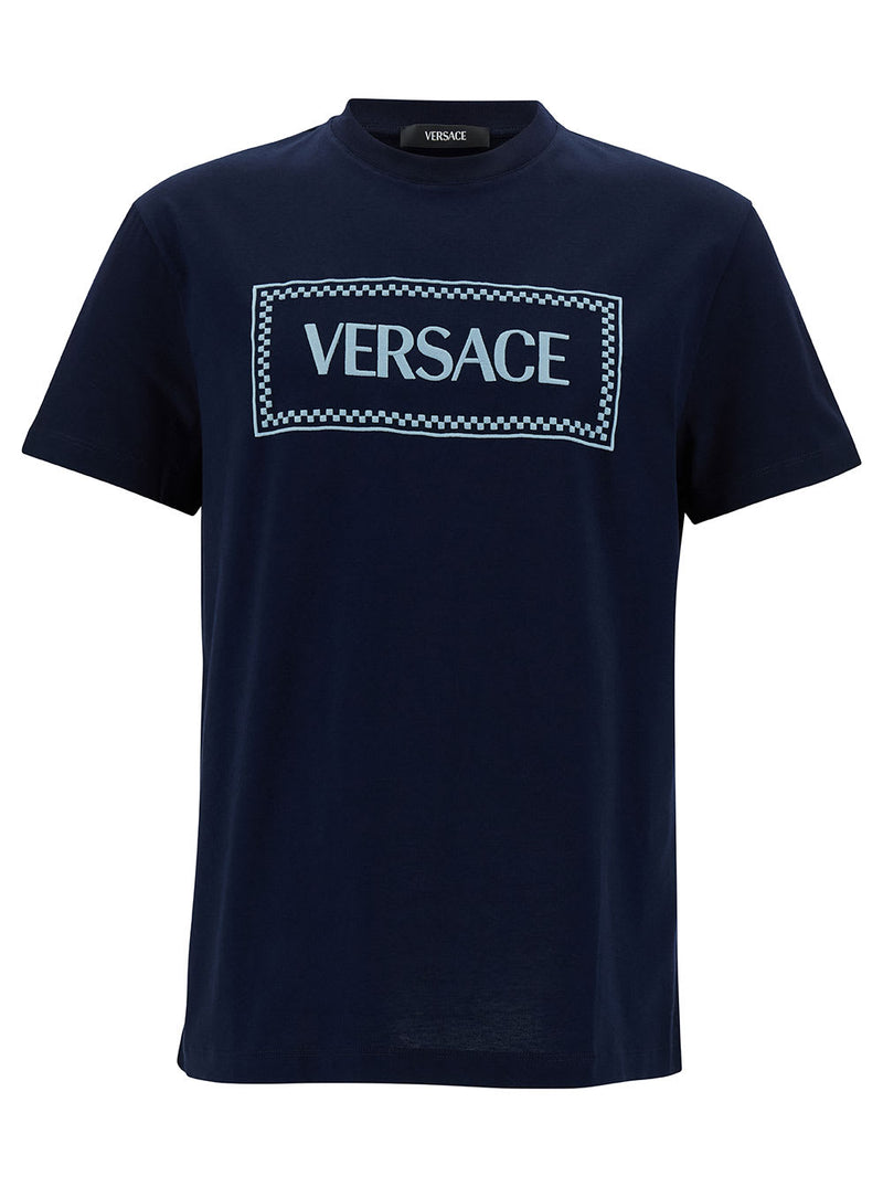 Versace Blue Crewneck T-shirt With 90s Logo Print In Cotton Man - Men