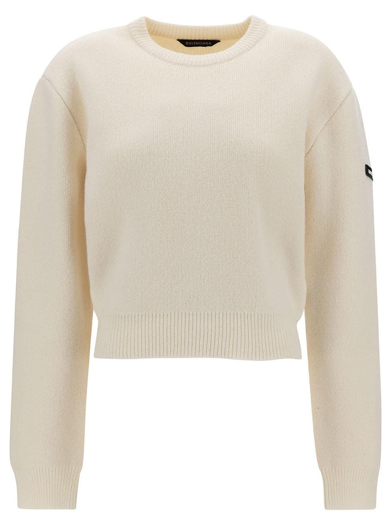 Balenciaga White Cropped Sweater With Logo Patch In Wool Blend Woman - Women - Piano Luigi