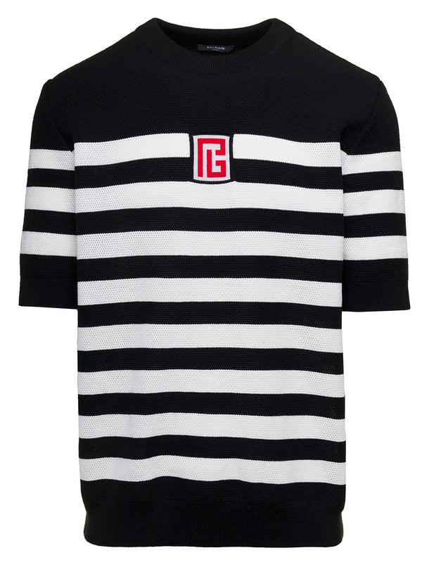 Balmain Black And White Stripe T-shirt With Logo Embroidery In Wool Man - Men