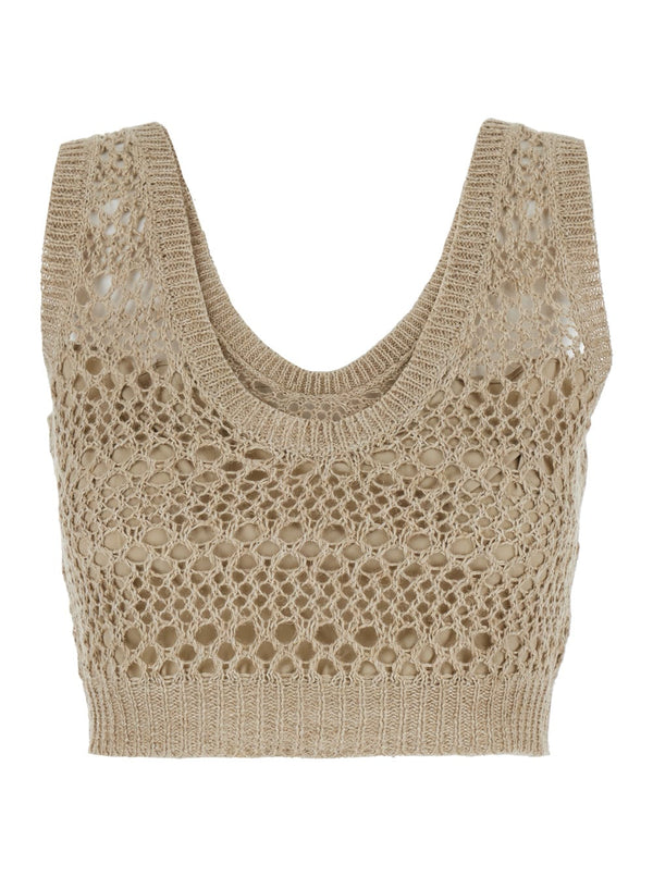 Brunello Cucinelli Beige Mesh Sleeveless Cropped Top In Linen Blend Woman - Women