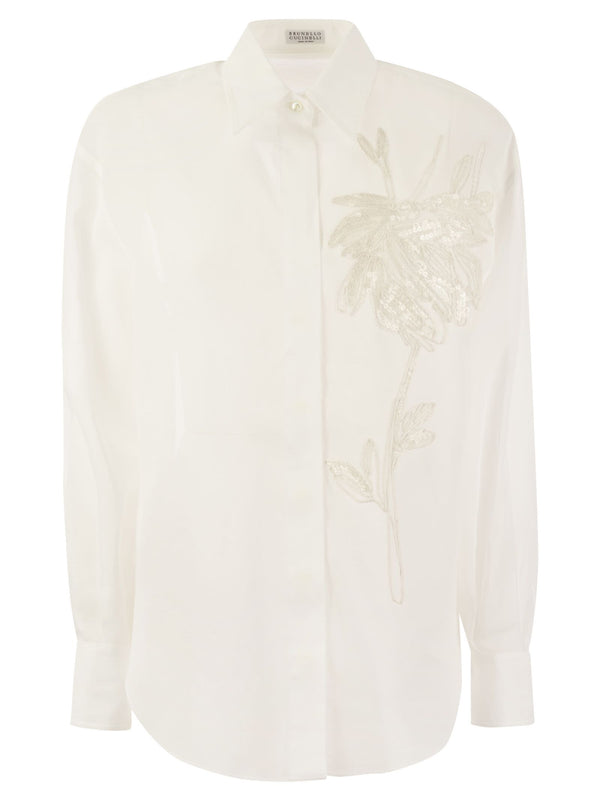 Brunello Cucinelli Cotton Organza Shirt With Dazzling Magnolia Embroidery - Women