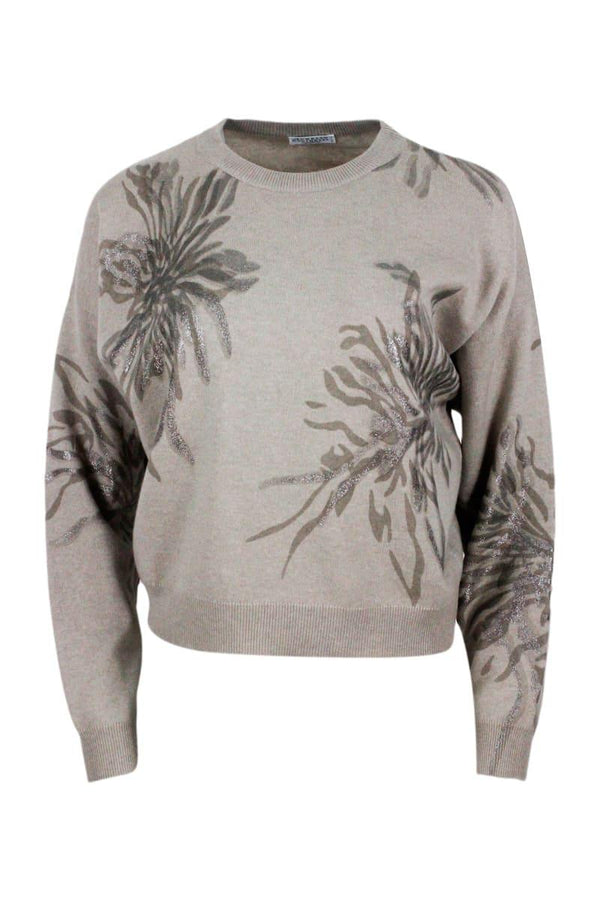 Brunello Cucinelli Long-sleeved Round-neck Wool, Silk And Cashmere Sweater With Flower Print Embellished With Lurex - Women - Piano Luigi