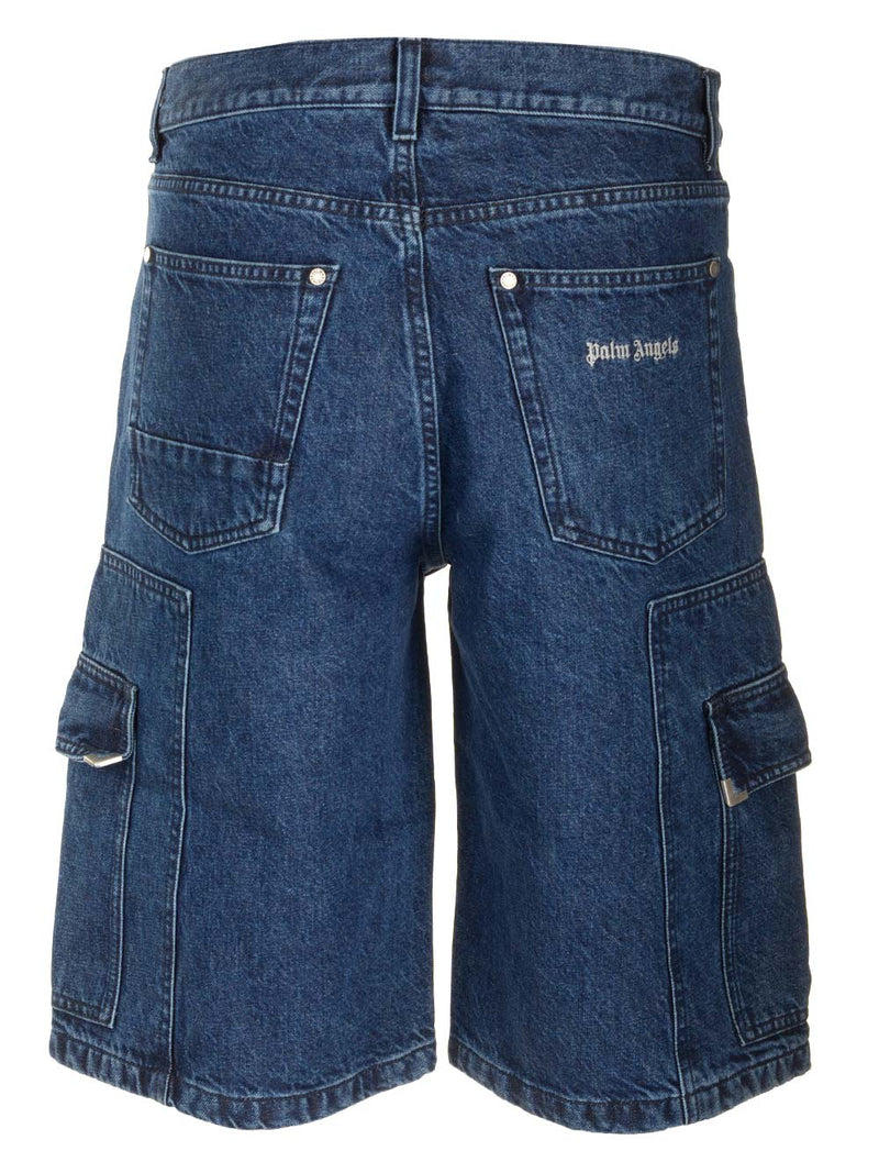 Palm Angels Cargo Bermuda Shorts In Blue Denim - Men