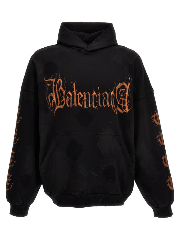 Balenciaga Black Hooded Sweatshirt And heavy Metal Motif Logo In Cotton Man - Men