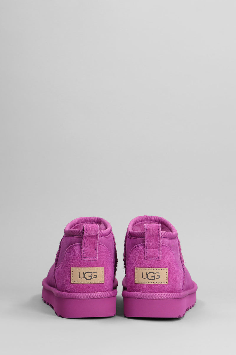 UGG Classic Ultra Mini Low Heels Ankle Boots In Fuxia Suede - Women