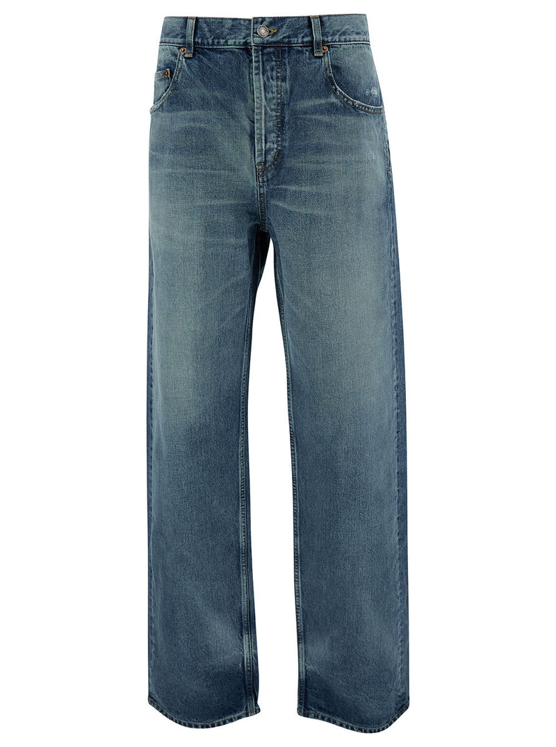 Saint Laurent Blue Baggy Five-pocket Jeans In Cotton Denim Man - Men