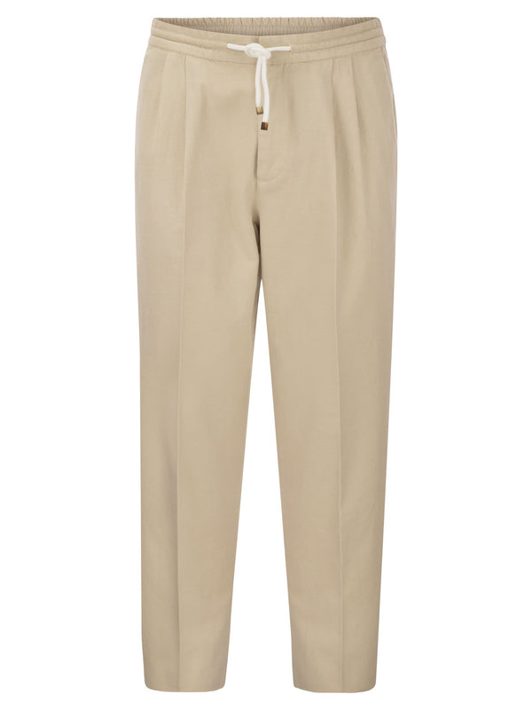 Brunello Cucinelli Leisure Fit Cotton Gabardine Trousers With Drawstring And Double Darts - Men