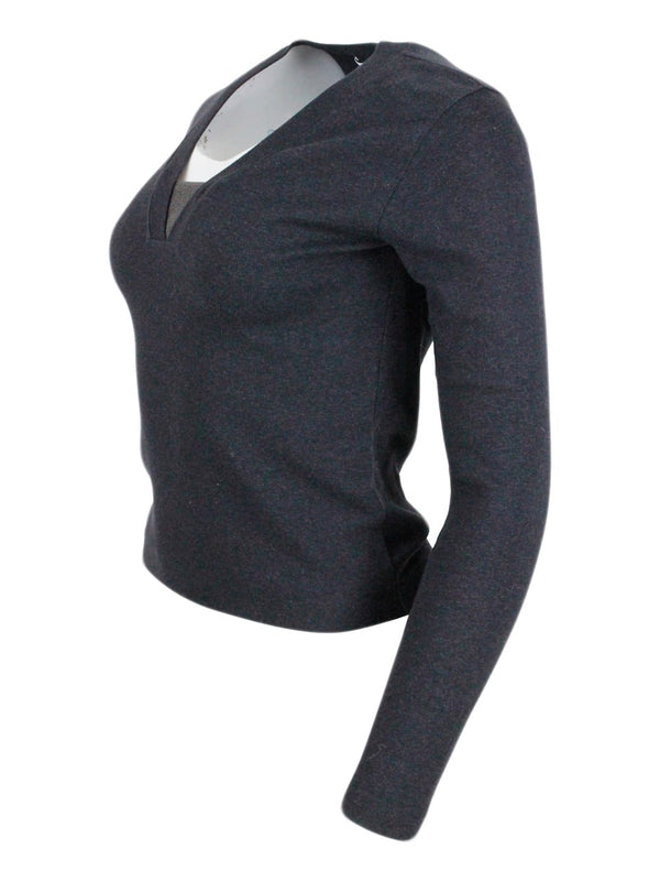 Brunello Cucinelli Long-sleeved V-neck T-shirt In Ribbed Stretch Cotton With Monili Triangle On The Neckline - Women