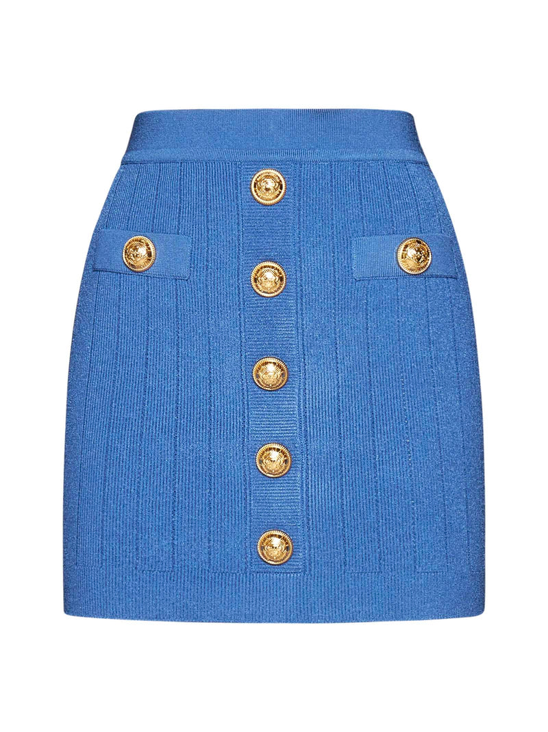 Balmain Blue Knit Short Skirt With Gold Buttons - Women