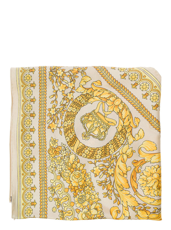 Versace Yellow And White Scarf With Barocco Print And Medusa Detail In Silk Man - Men