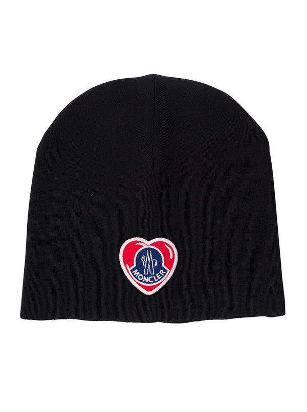 Moncler Black Beanie With Heart-shaped Logo Patch In Wool Blend Man - Men