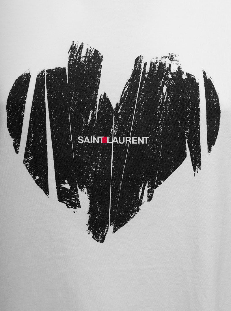 Saint Laurent Womans White Cotton T-shirt With Heart Print - Women