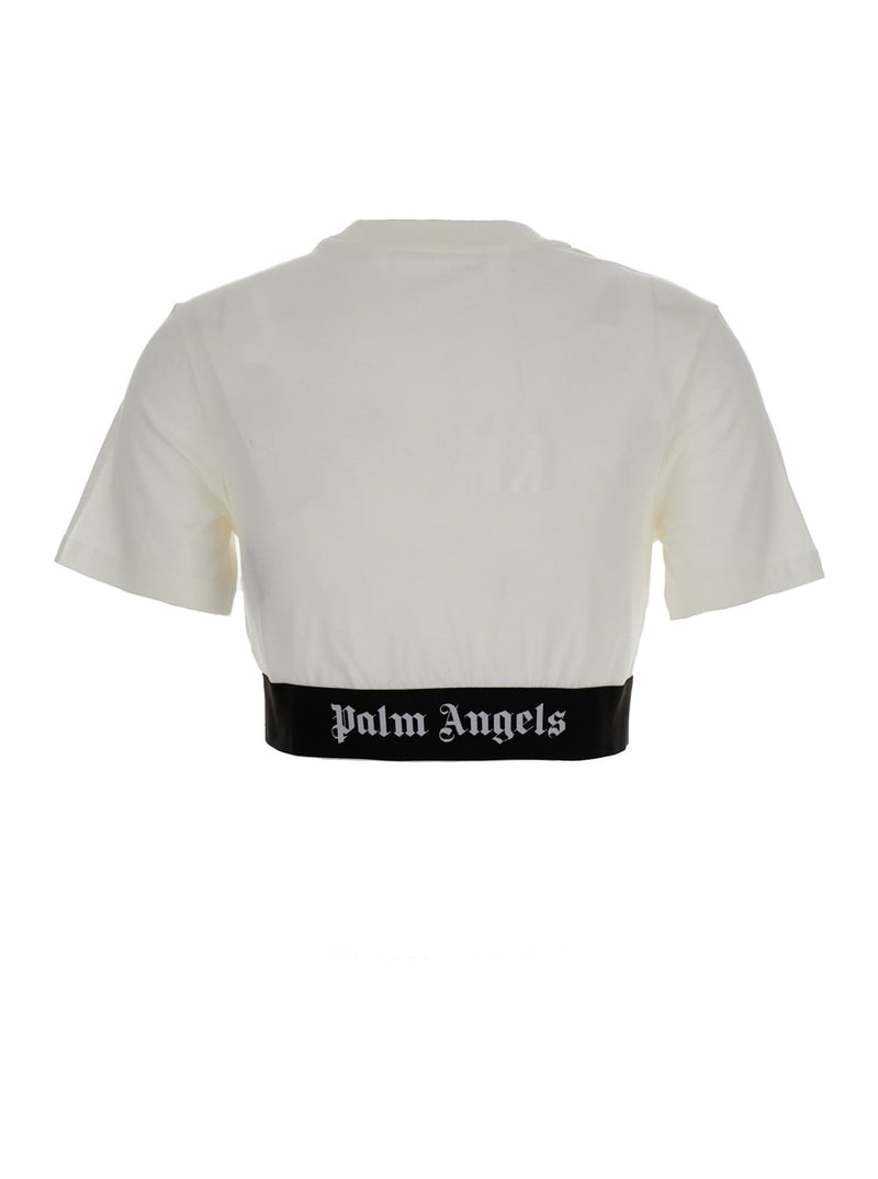 Palm Angels White Cropped T-shirt With Jacquard Logo In Cotton Woman - Women