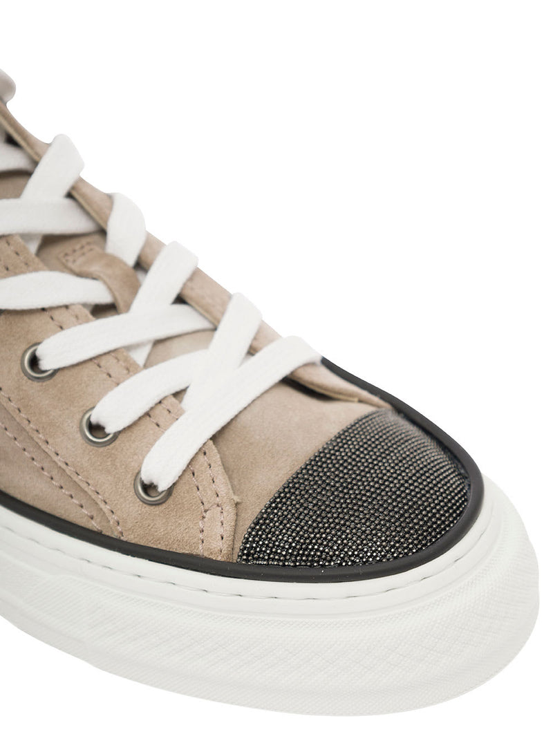 Brunello Cucinelli Beige Low Top Sneakers With Monile Embellishment In Suede Woman - Women