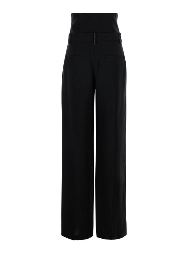 Brunello Cucinelli Black High Waisted Tailored Trousers In Linen Blend Woman - Women