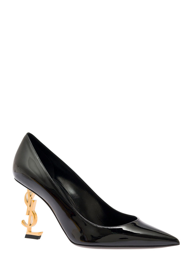 Saint Laurent opyum Black Pumps With Mid Logo Heel In Patent Leather Woman - Women