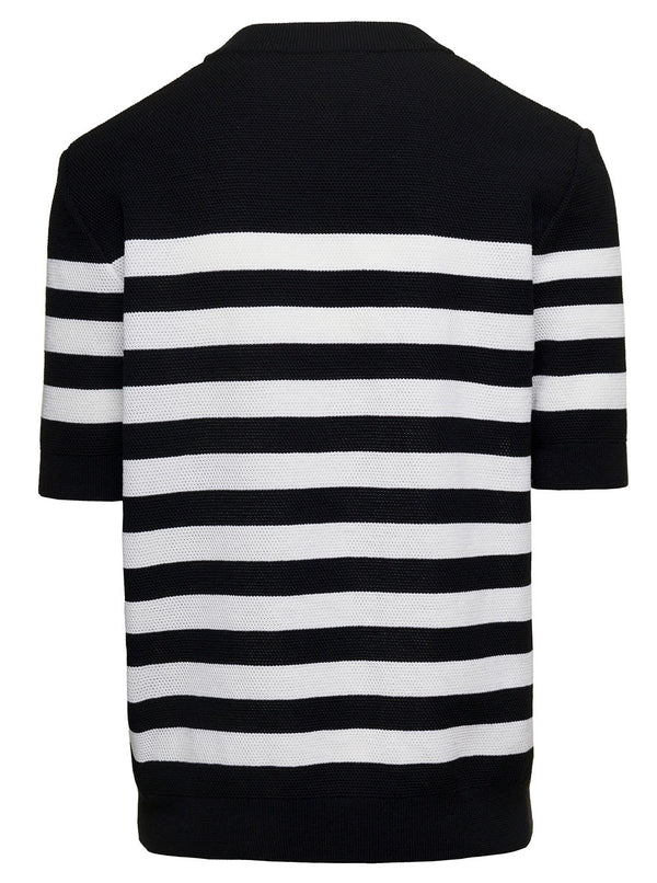 Balmain Black And White Stripe T-shirt With Logo Embroidery In Wool Man - Men
