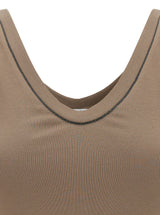 Brunello Cucinelli Brown Rib Tank Top With Monile Detail In Stretch Cotton Woman - Women