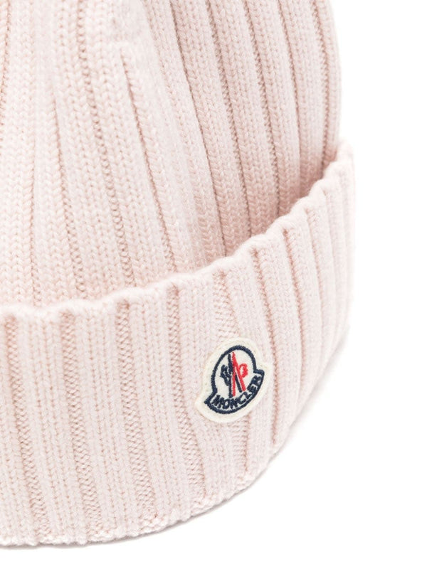 Moncler Light Pink Ribbed Wool Beanie With Logo - Women