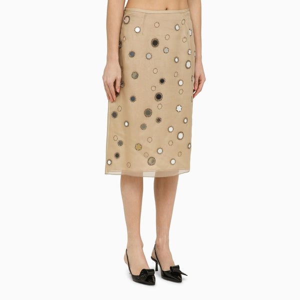 Prada Beige Silk Midi Skirt With Mirrors - Women