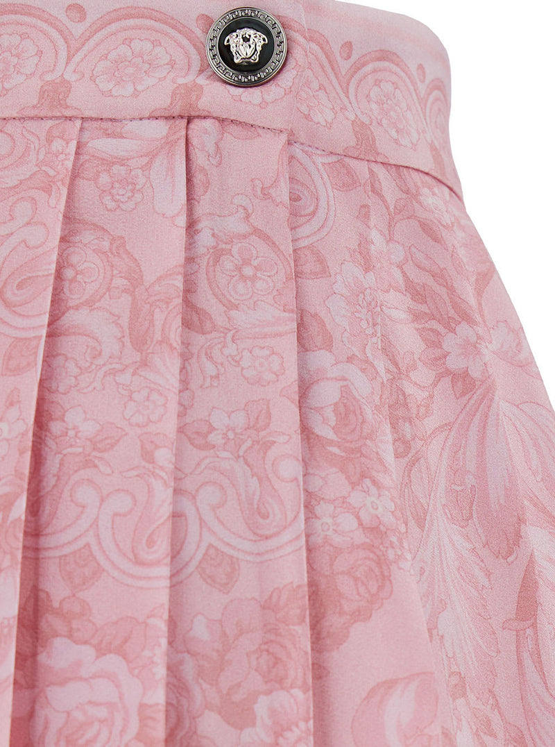 Versace Pink Pleated Mini Skirt With Barocco Motif In Silk Woman - Women