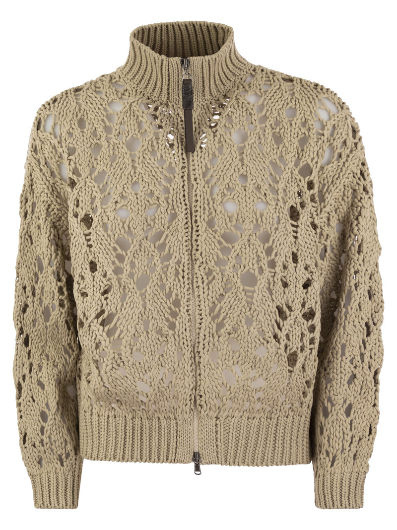 Brunello Cucinelli Soft Feather Cotton Lace Stitch Cardigan With Precious Zipper Pull - Women