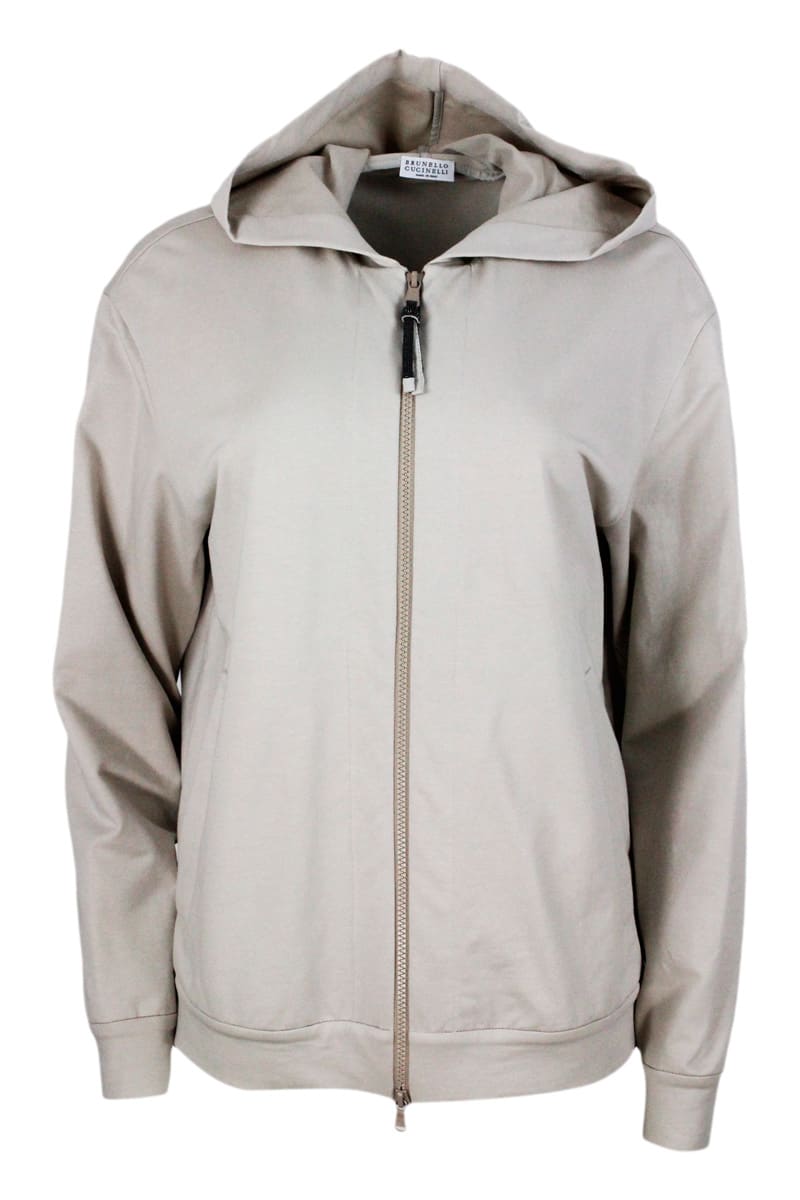 Brunello Cucinelli Stretch Cotton Sweatshirt With Hood And Jewel On The Zip Puller - Women