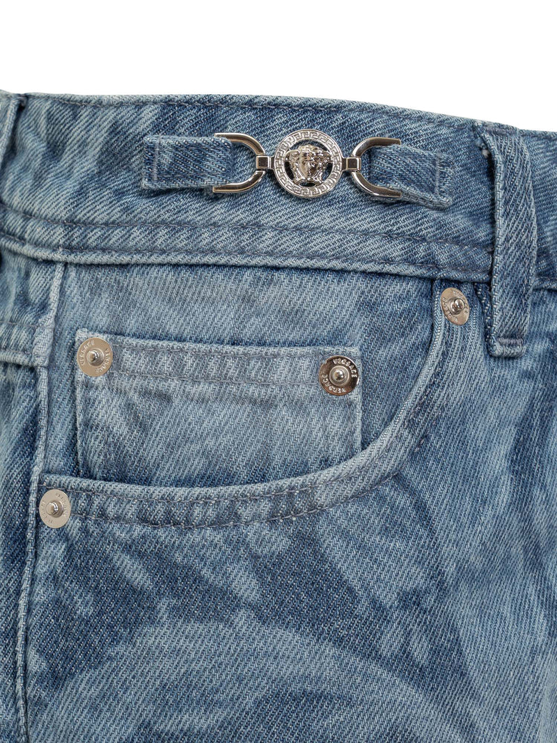 Versace Shorts In Denim With Baroque Silhouette Pattern - Women