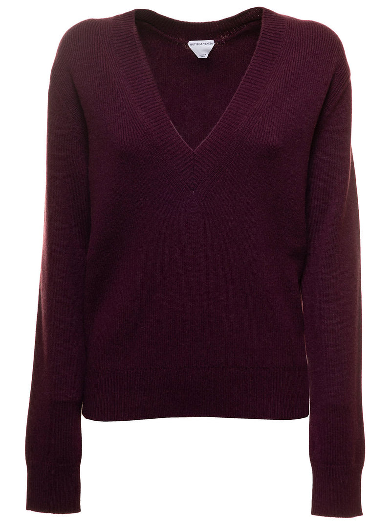 Bottega Veneta Bordeaux V Neck Pullover With Ribbed Trim In Cashmere Womabn - Women