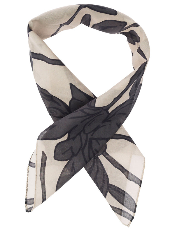 Brunello Cucinelli Black And White Scarf With Floreal Print In Cotton Woman - Women