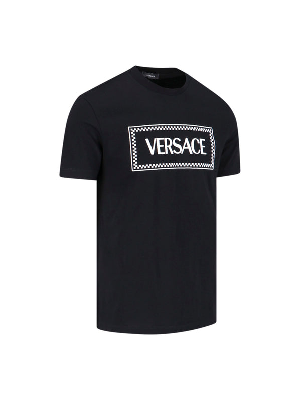 Versace Black Crewneck T-shirt With Contrasting Logo Lettering Print In Cotton Man - Men