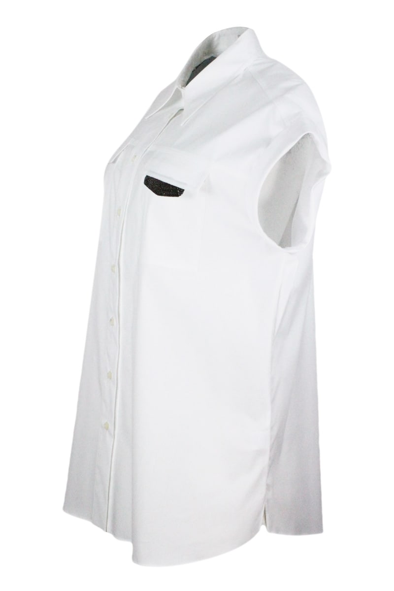 Brunello Cucinelli Sleeveless Shirt With Front Pockets Embellished With Shiny Jewels - Women