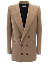 Saint Laurent Beige Gabardine Double-breasted Blazer In Wool Woman - Women