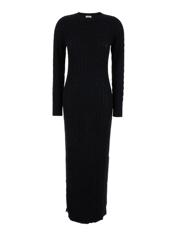 Brunello Cucinelli Black Sequin Embellished Cable Knit Dress In Cotton Blend Woman - Women