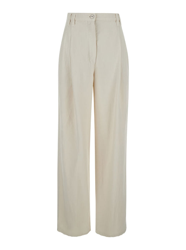 Brunello Cucinelli White High-waisted Straight Leg Trousers In Cotton Blend Woman - Women