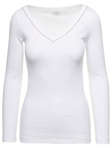 White V-neck Pullover With Beads Detailing In Stretch Cotton Woman Brunello Cucinelli - Women - Piano Luigi