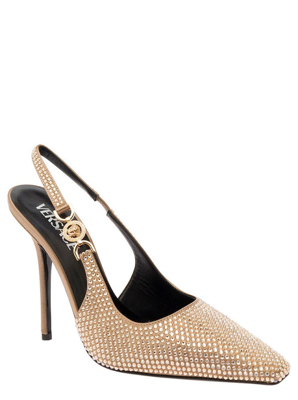 Versace medusa 95 Gold-colored Slingback Pumps With All-over Crystals In Satin Woman - Women - Piano Luigi