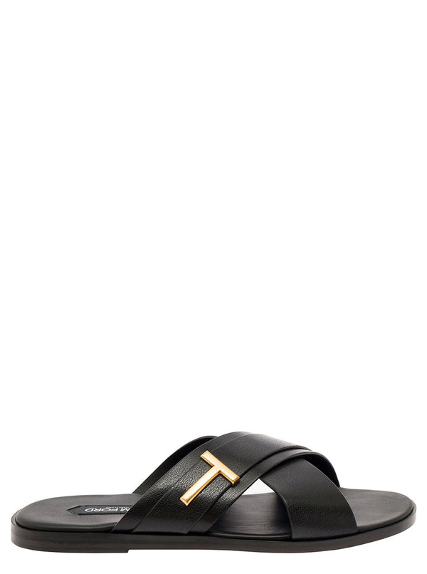 Tom Ford preston Black Flat Sandals With T Detail In Leather Man - Men