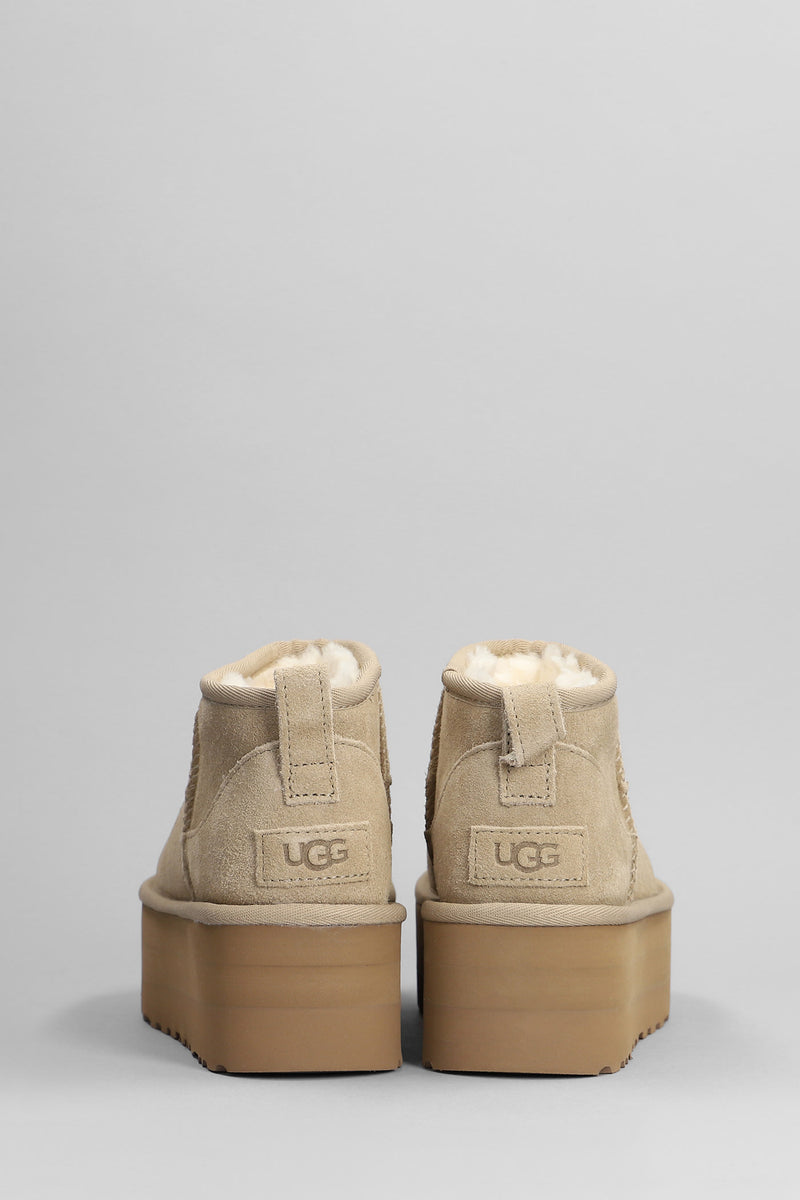 UGG Classic Ultra Mini P Low Heels Ankle Boots In Beige Suede - Women